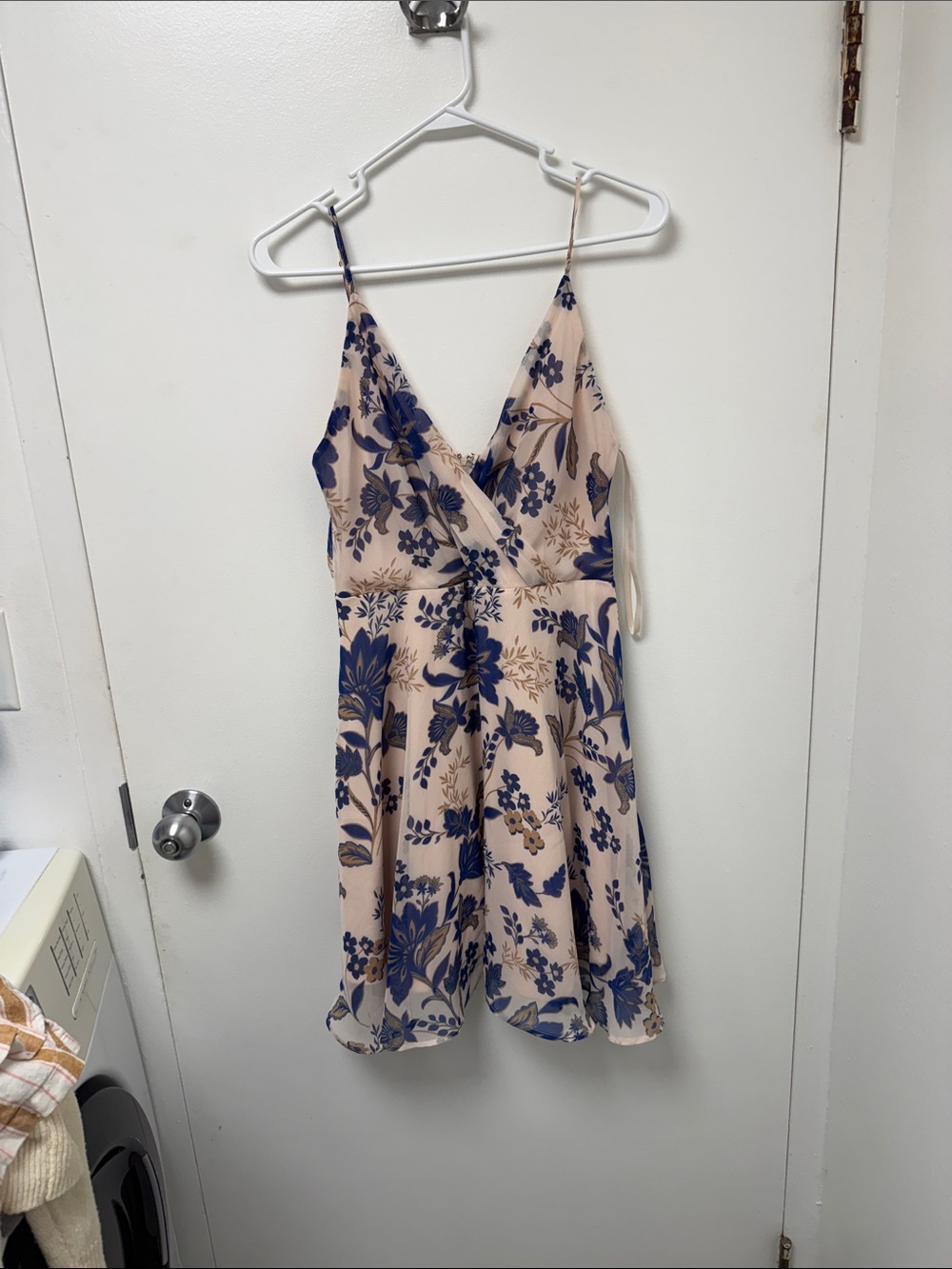 Windsor Beige and Navy Floral Spaghetti-Strap Dress